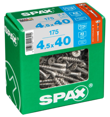SPAX Edelstahlschraube, 4,5 x 40 mm, 175 Stück, Teilgewinde, Senkkopf, T-STAR plus T20, 4CUT, Edelstahl rostfrei A2, 4197000450406